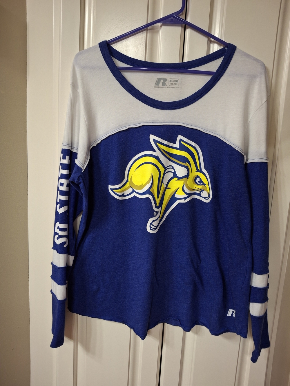Russell Athletic Blue and White Women's Crewneck Sweatshirt with Yellow Mascot